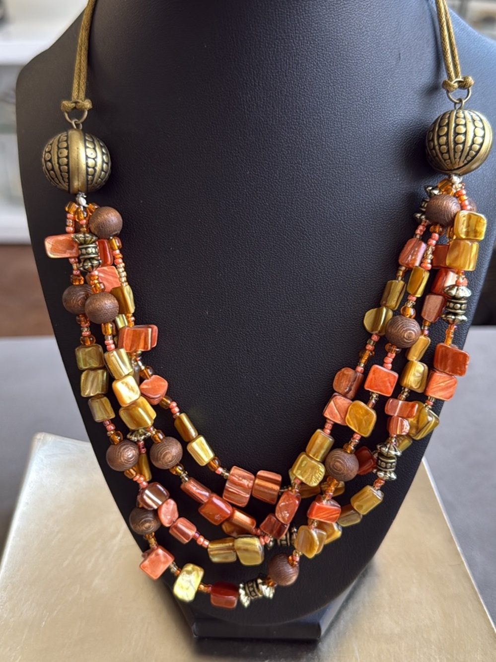 Boho Multi-Strand Orange and Gold Beaded Necklace Set - Earrings Bracelets Gift - Picture 4 of 5